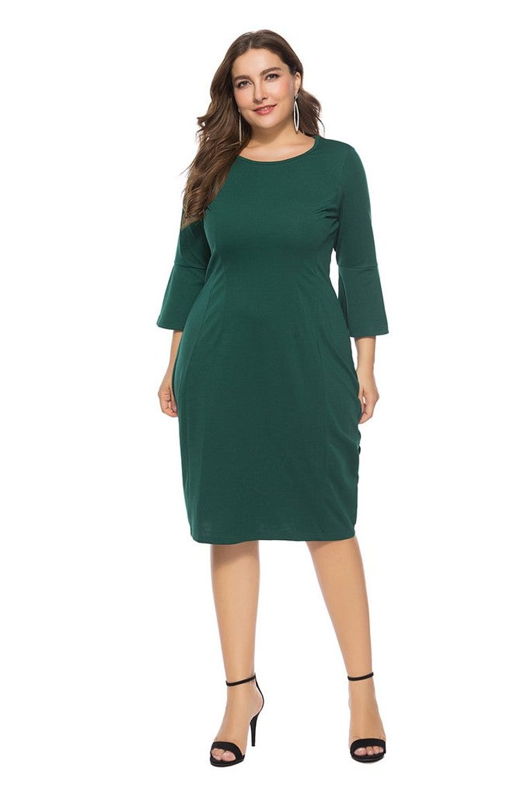 Green Office Bodycon 3/4 Sleeves Knee Dress - Green