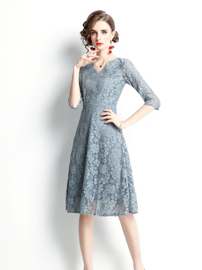 Kaimilan Light Blue Evening A-Line V-Neck Elbow Sleeve Knee Lace Dress product