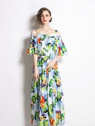 Light Blue & Green Floral Print Day A-Line Strap Off the Shoulder Tea Dress - Blue