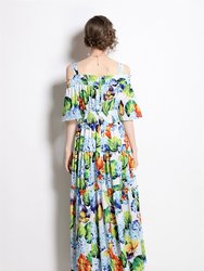 Light Blue & Green Floral Print Day A-Line Strap Off the Shoulder Tea Dress