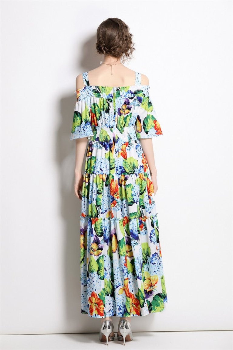 Light Blue & Green Floral Print Day A-Line Strap Off the Shoulder Tea Dress