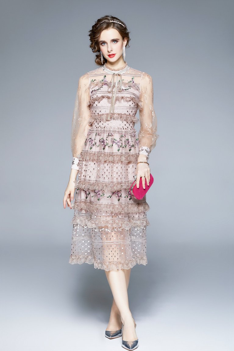 Light Pink Evening Lace Ruffled A-Line Crewneck Bracelet Midi Dress - Pink