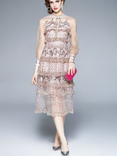 Kaimilan Light Pink Evening Lace Ruffled A-Line Crewneck Bracelet Midi Dress product