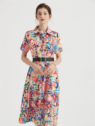 Multicolor Day A-Line Shirt Colar Short Sleeve Midi Dress