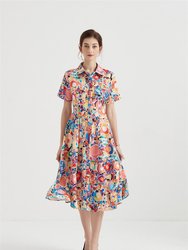 Multicolor Day A-Line Shirt Colar Short Sleeve Midi Dress