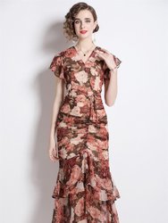 Multicolor Day A-Line V-Neck Short Sleeve Midi Printed Dress