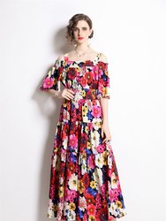 Multicolor Print Day A-line Off The Shoulder Strap Tea Dress