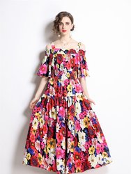 Multicolor Print Day A-line Off The Shoulder Strap Tea Dress