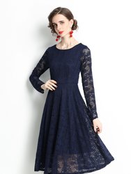 Navy Evening Lace A-Line Boatneck Long Sleeve Midi Classic Dress - Navy
