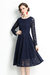 Navy Evening Lace A-Line Boatneck Long Sleeve Midi Classic Dress - Navy