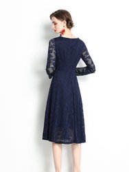 Navy Evening Lace A-Line Boatneck Long Sleeve Midi Classic Dress