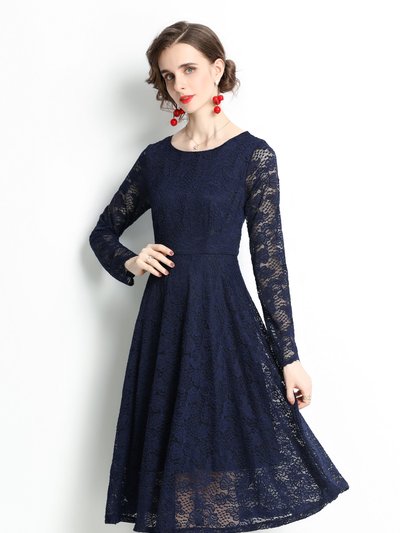 Kaimilan Navy Evening Lace A-Line Boatneck Long Sleeve Midi Classic Dress product