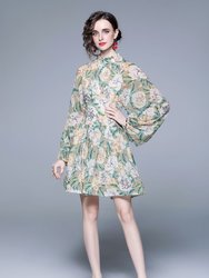 Pale Green & Floral Print Day A-Line Long Sleeve Jewel Above Knee Dress - Green