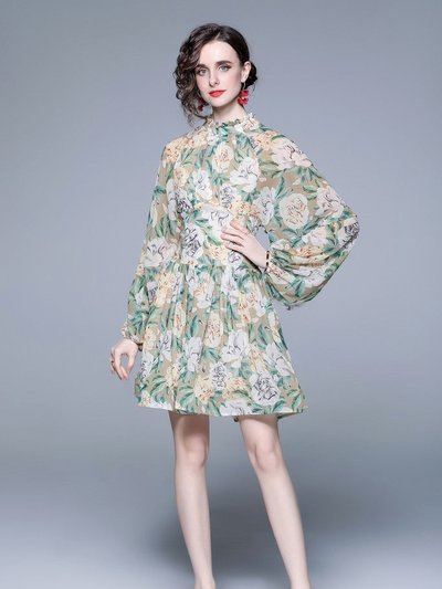 Kaimilan Pale Green & Floral Print Day A-Line Long Sleeve Jewel Above Knee Dress product