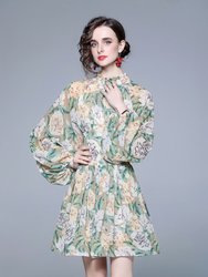 Pale Green & Floral Print Day A-Line Long Sleeve Jewel Above Knee Dress
