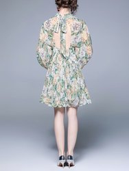 Pale Green & Floral Print Day A-Line Long Sleeve Jewel Above Knee Dress