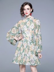 Pale Green & Floral Print Day A-Line Long Sleeve Jewel Above Knee Dress