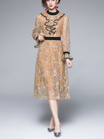 Kaimilan Pale Orange Evening Lace Ruffled A-Line Crewneck Long Sleeve Midi Dress product