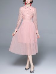 Pink Cocktail A-Line Shirt Colar Long Sleeve Pleated Midi Dress - Pink