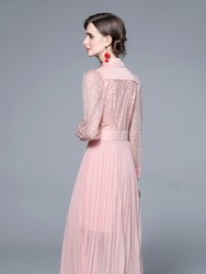 Pink Cocktail A-Line Shirt Colar Long Sleeve Pleated Midi Dress