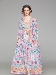 Pink & Flower Print Day A-line V-neck Long Sleeve Tea Dress - Pink