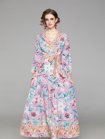 Kaimilan Pink & Flower Print Day A-line V-neck Long Sleeve Tea Dress product