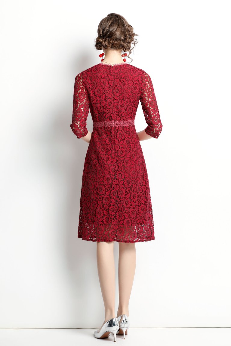 Red Cocktail & Party A-Line Crewneck Elbow Sleeve Knee Lace Dress