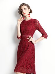 Red Cocktail & Party A-Line Crewneck Elbow Sleeve Knee Lace Dress