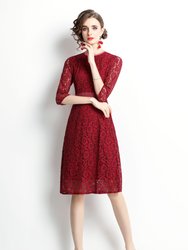 Red Cocktail & Party A-Line Crewneck Elbow Sleeve Knee Lace Dress - Red