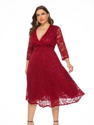 Red Evening A-Line V-Neck 3/4 Sleeves Midi Dress
