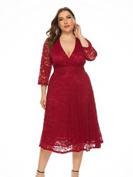 Red Evening A-Line V-Neck 3/4 Sleeves Midi Dress - Red
