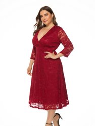 Red Evening A-Line V-Neck 3/4 Sleeves Midi Dress