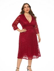 Red Evening A-Line V-Neck 3/4 Sleeves Midi Dress