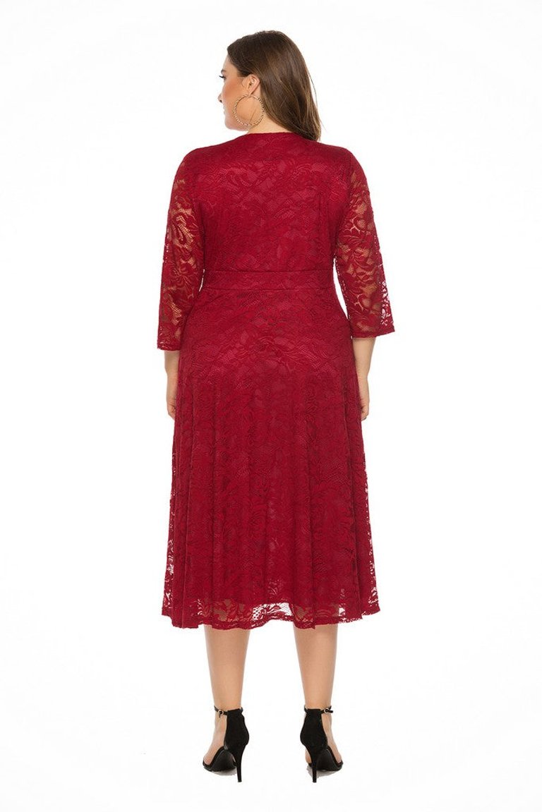 Red Evening A-Line V-Neck 3/4 Sleeves Midi Dress