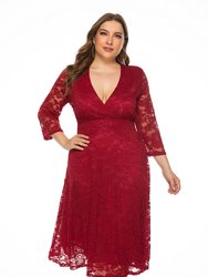 Red Evening A-Line V-Neck 3/4 Sleeves Midi Dress