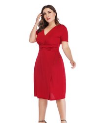 Red Evening A-Line V-Neck Short Sleeve Below Knee Dress