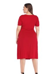 Red Evening A-Line V-Neck Short Sleeve Below Knee Dress