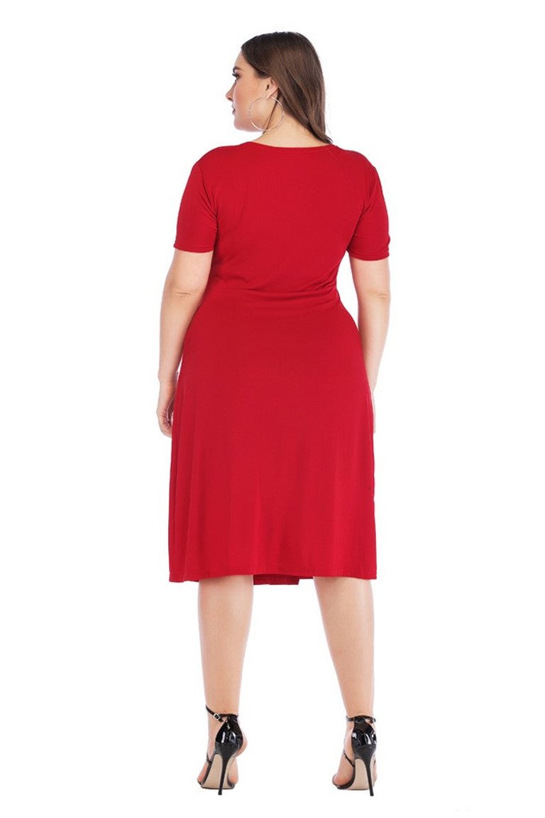 Red Evening A-Line V-Neck Short Sleeve Below Knee Dress