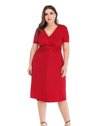 Red Evening A-Line V-Neck Short Sleeve Below Knee Dress - Red