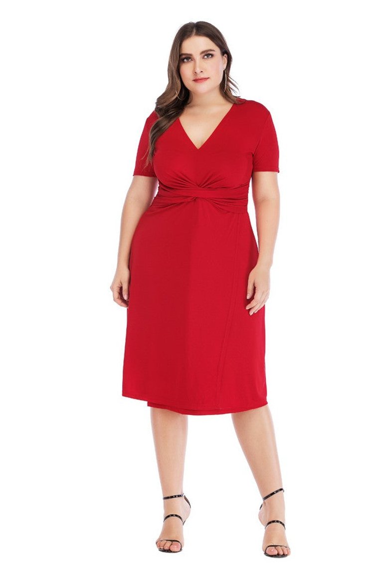 Red Evening A-Line V-Neck Short Sleeve Below Knee Dress - Red