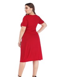 Red Evening A-Line V-Neck Short Sleeve Below Knee Dress