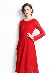 Red Evening Lace A-Line Boatneck Long Sleeve Midi Classic Dress