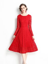 Red Evening Lace A-Line Boatneck Long Sleeve Midi Classic Dress - Red