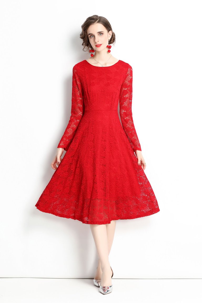 Red Evening Lace A-Line Boatneck Long Sleeve Midi Classic Dress - Red