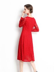 Red Evening Lace A-Line Boatneck Long Sleeve Midi Classic Dress