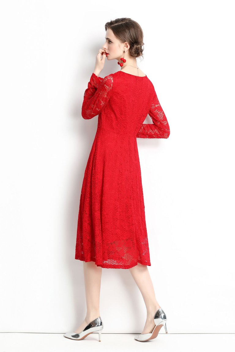 Red Evening Lace A-Line Boatneck Long Sleeve Midi Classic Dress