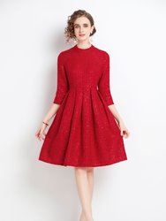 Red Office Classic A-Line Crewneck Elbow Sleeve Knee Dress - Red