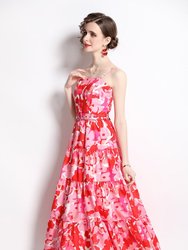 Red & Pink Day A-Line Maxi Strap Printed Dress