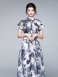 White & Inky Print Day A-line Shirt Colar Short Sleeve Maxi Dress