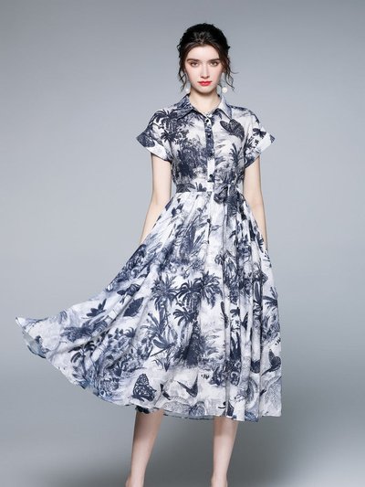 Kaimilan White & Inky Print Day A-line Shirt Colar Short Sleeve Maxi Dress product